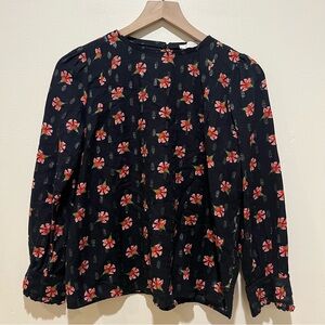 Loft Black and Pink Floral Lightweight Long Sleeve Blouse - Women’s Small Petite